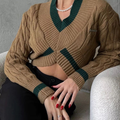 Damen Strickpullover V-Ausschnitt Kontrastdetails Norvielle