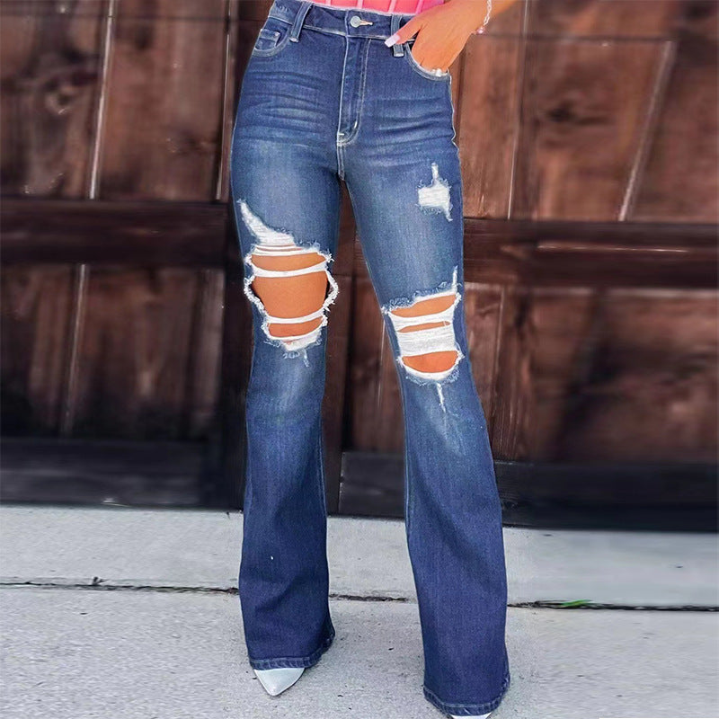 Damen Destroyed Jeans Flared Style Hohe Taschen Ausgefranster Saum