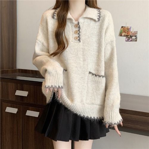 Damen Strickpullover mit Kragen und Knöpfen