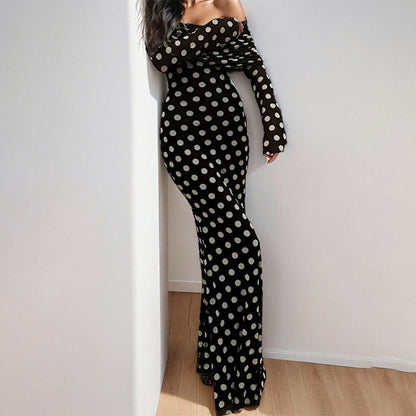 Damen Maxikleid Off-Shoulder Polka-Dot Muster Schwarz - Norvielle