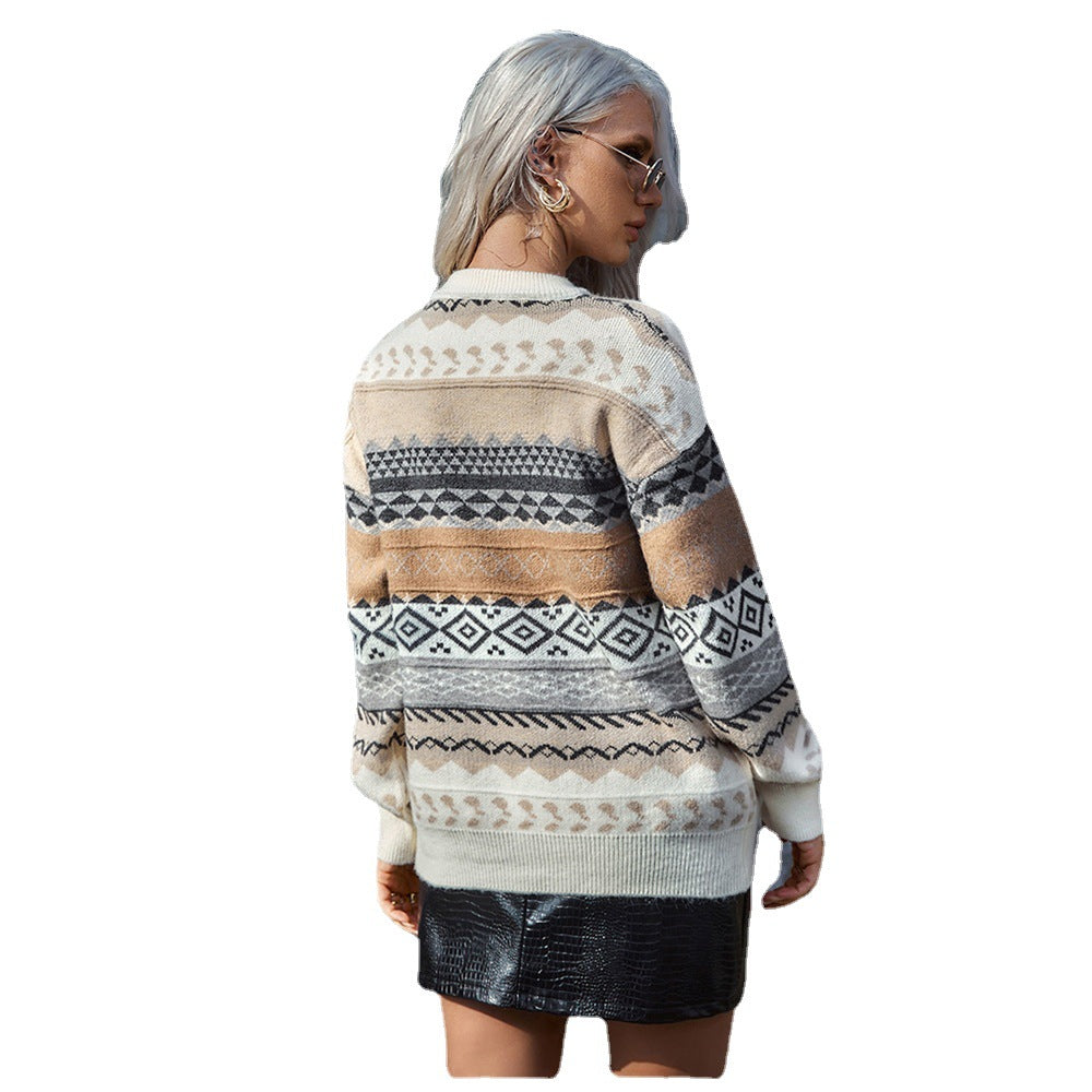 Damen Grobstrickpullover Geometrisches Muster Weiter Schnitt Norvielle