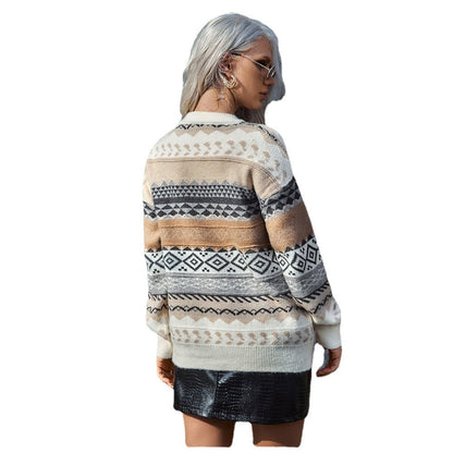 Damen Grobstrickpullover Geometrisches Muster Weiter Schnitt Norvielle