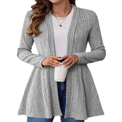 Damen Strickjacke Lang Rippmuster Tailliert Beige