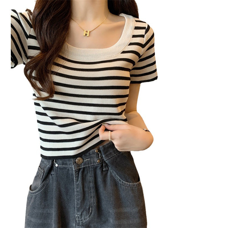 Damen Cropped Oberteil Streifen Elastisch Weiß