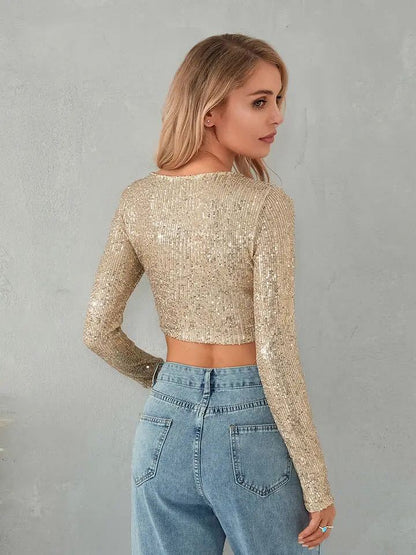 Damen Glitzerndes Crop- Langärmlig Figurbetont Norvielle