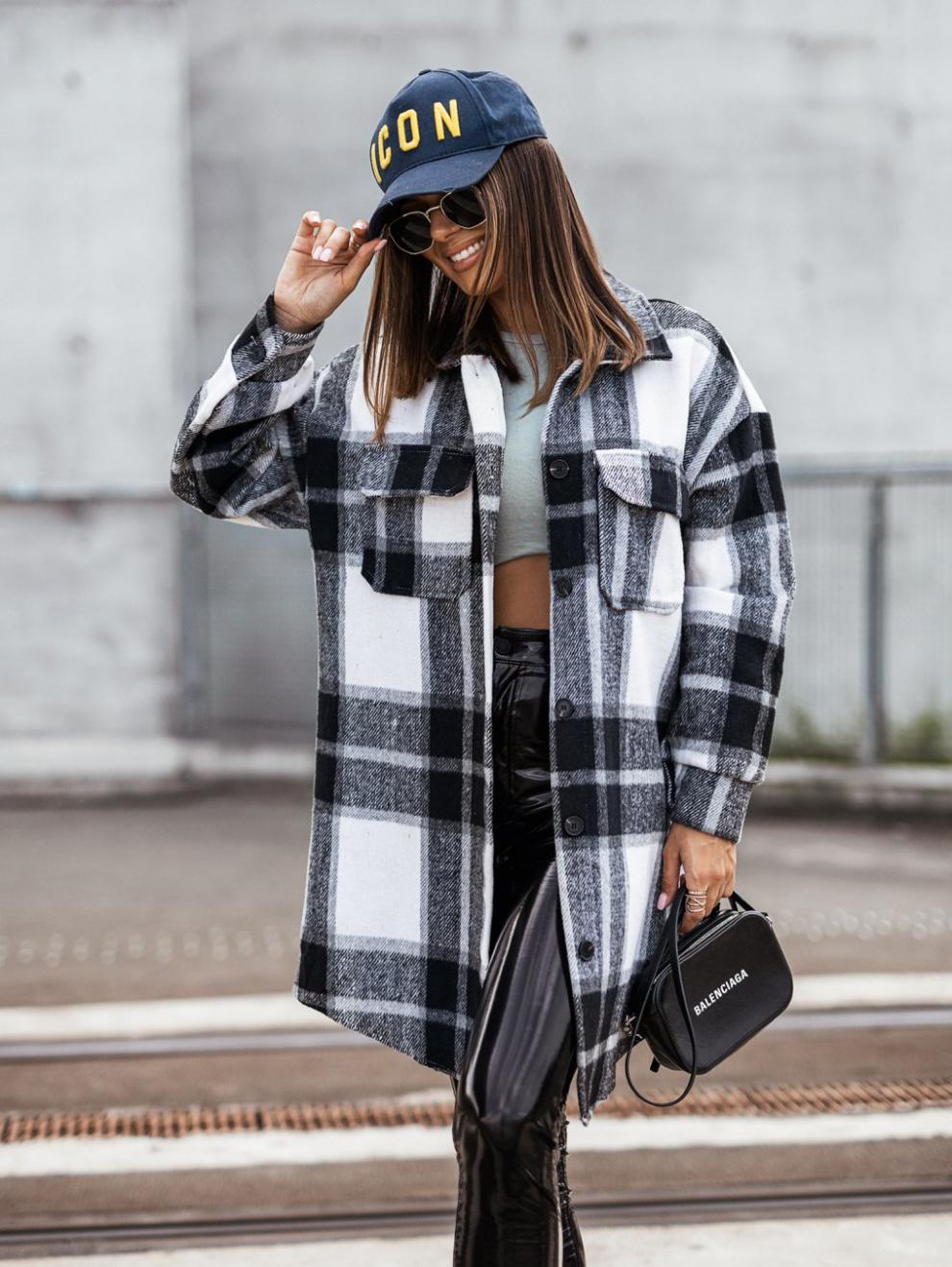 Damen Karierter Overshirt-Jacke Lässig Mit Taschen Norvielle