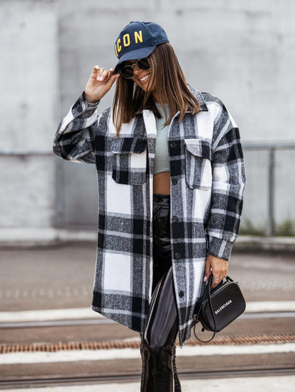 Damen Karierter Overshirt-Jacke Lässig Mit Taschen Norvielle