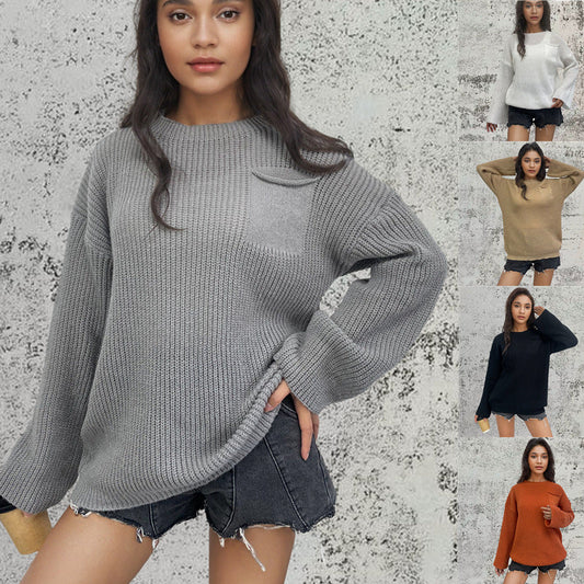 Damen Strickpullover Groß Brusttasche Norvielle - Norvielle
