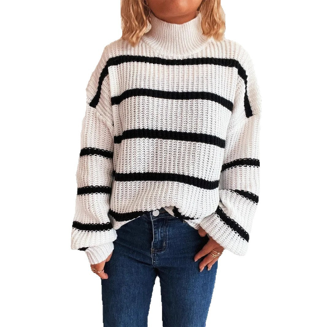 Damen Grobstrickpullover Rollkragen Streifenmuster