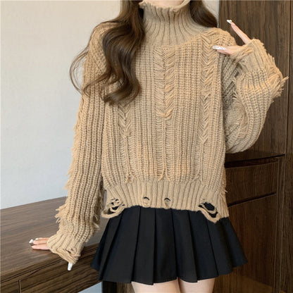Damen Grobstrickpullover Hochkragen Fransen Norvielle