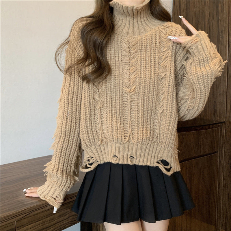 Damen Grobstrickpullover Hochkragen Modern Fransen