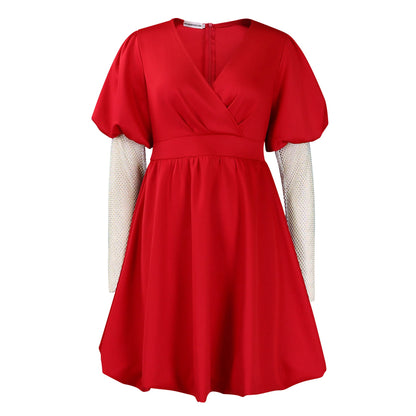 Damen Wickelkleid Puffärmel Netzoberarm Norvielle