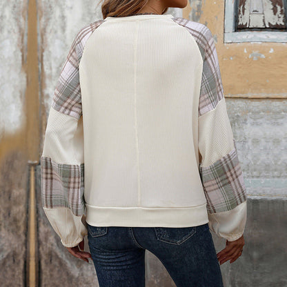 Damen Sweatshirt mit Karierten Ärmeln Lässig Grau