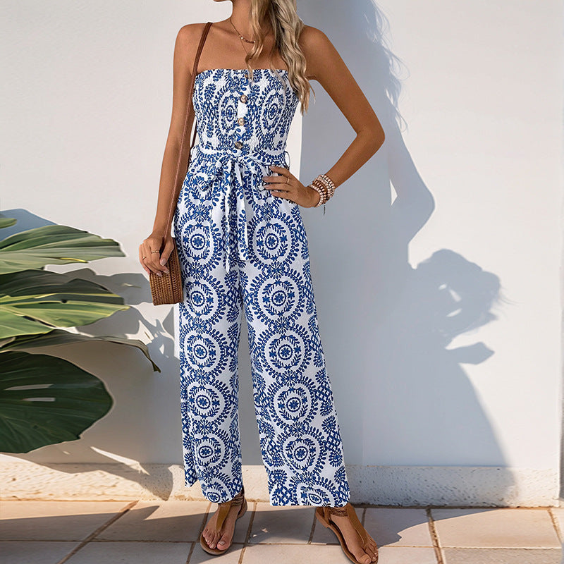 Damen Jumpsuit Floralmuster Baumwolle Taillengürtel