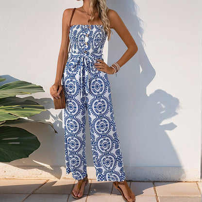 Damen Jumpsuit Floralmuster Baumwolle Taillengürtel