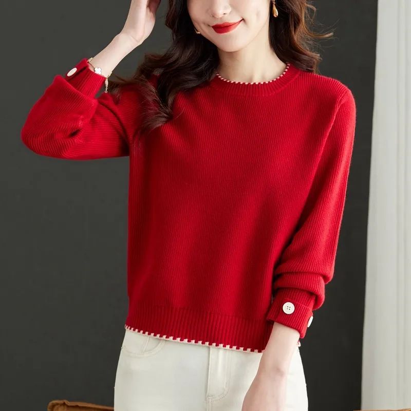 Damen Strickpullover Feine Ribstruktur Modische Knöpfe Norvielle