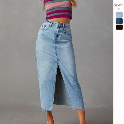 Damen Bleistiftkleid aus Jeans Mit Seitlichem Schlitz Blau - Norvielle