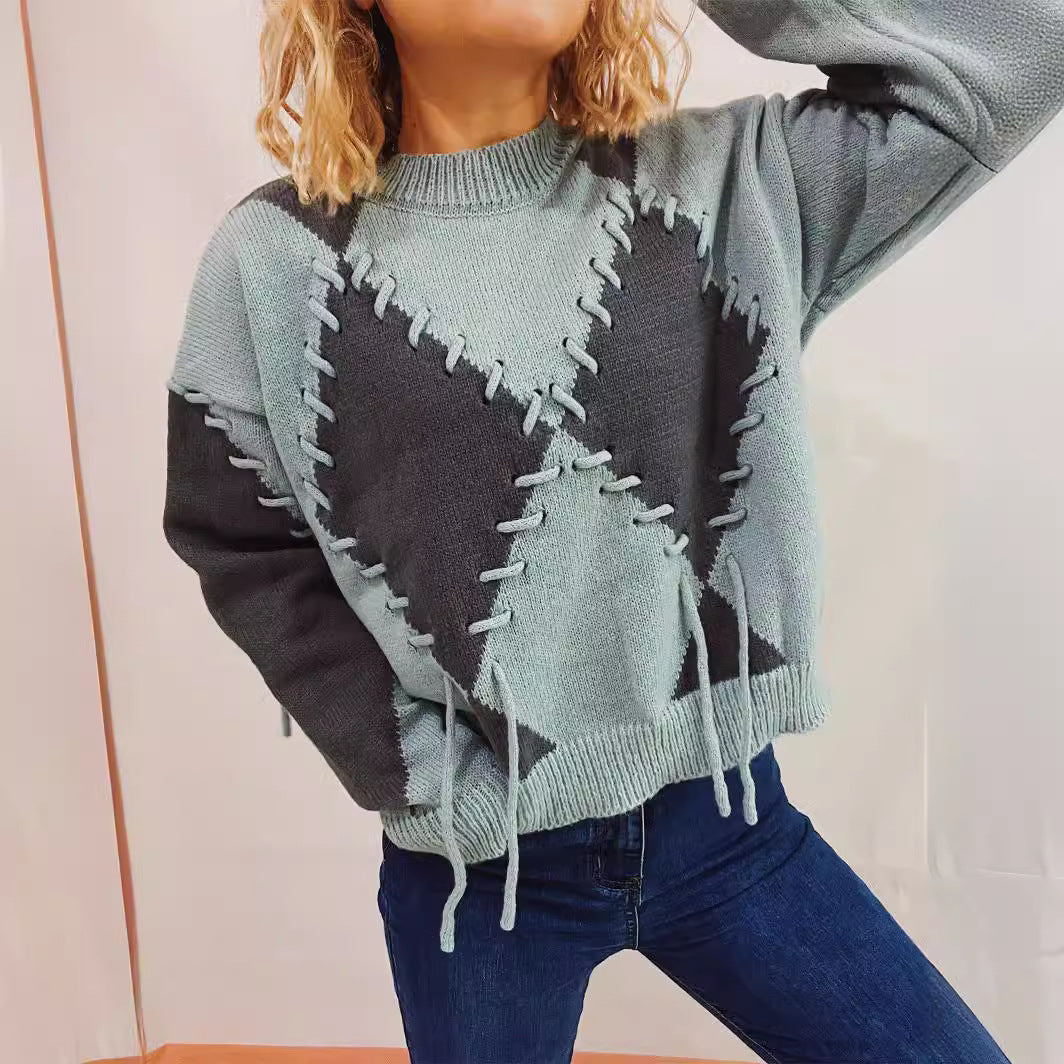 Damen Oversized Pullover Gekreuzte Nähte Beige