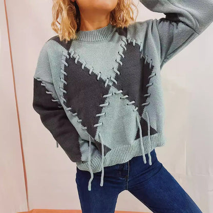 Damen Oversized Pullover Gekreuzte Nähte Beige
