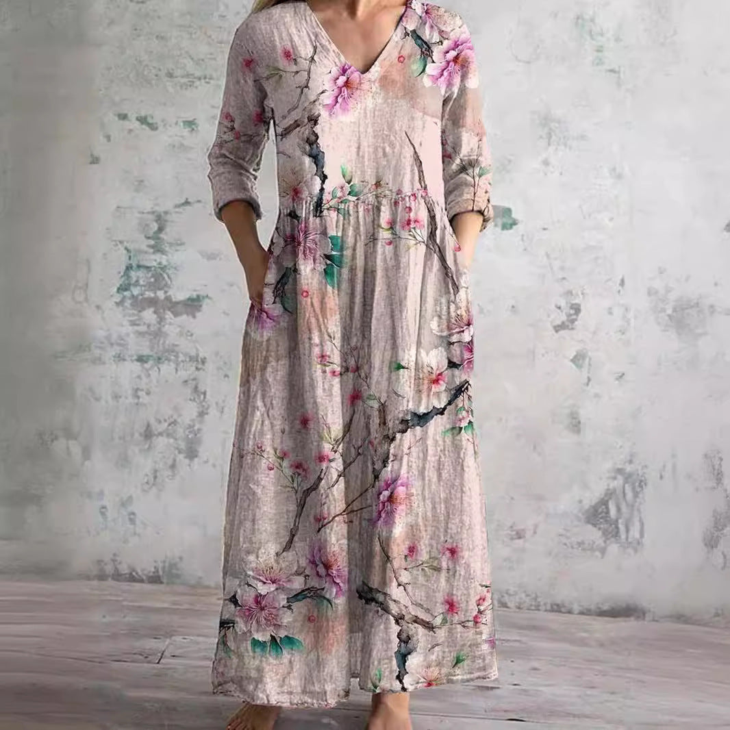 Damen Sommermaxikleid Blumenprint V-Ausschnitt Länge Langärmelig