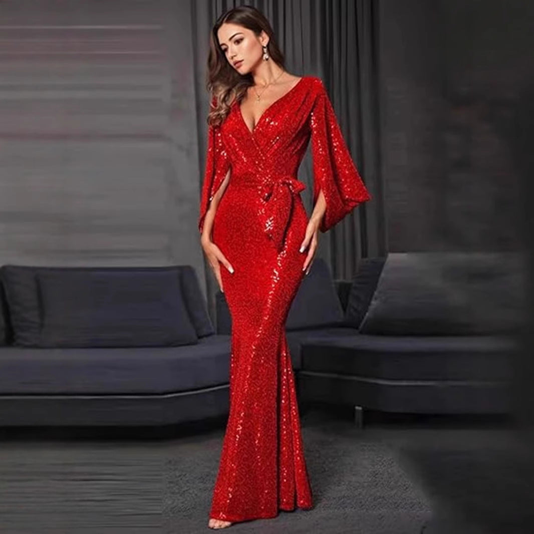 Damen Abendkleid Pailletten V-Ausschnitt Fließender Rock Schwarz - Norvielle