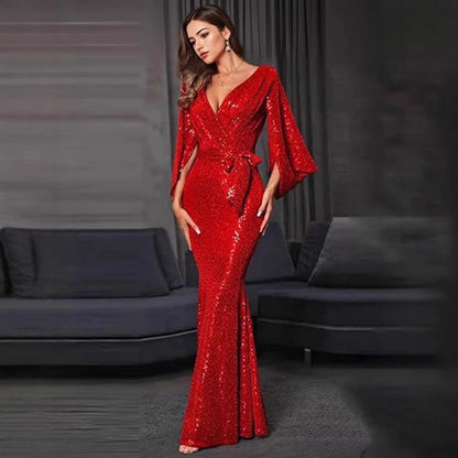 Damen Abendkleid Pailletten V-Ausschnitt Fließender Rock Schwarz - Norvielle