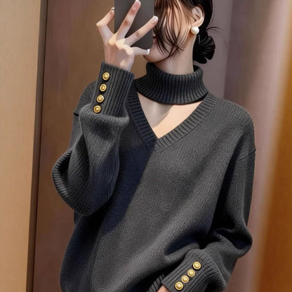 Damen Strickpullover Rollkragen Knopfdetails Norvielle
