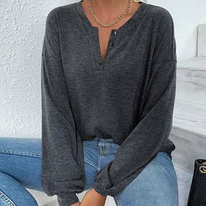 Damen Langarmshirt Knopfleiste Locker Passform