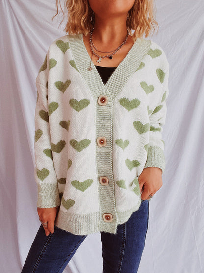 Damen Strickjacke Herz-Muster Knopf-Detail Beige