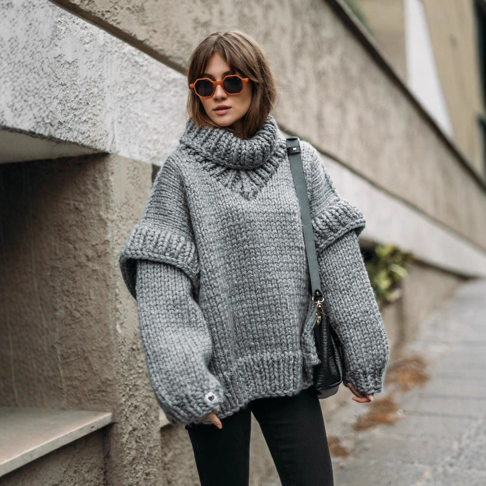 Damen Oversized Strickpullover Grobgestrickt Rollkragen Gerippte Ärmel - Norvielle