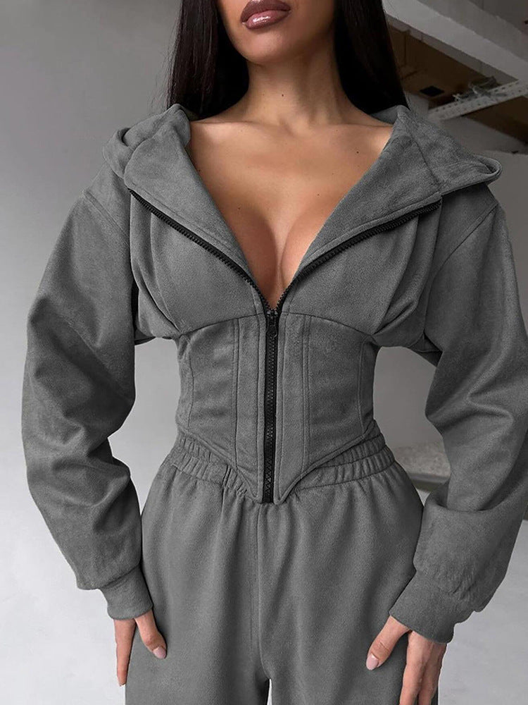 Damen Jumpsuit Tailliert Sportliche Kapuze Norvielle