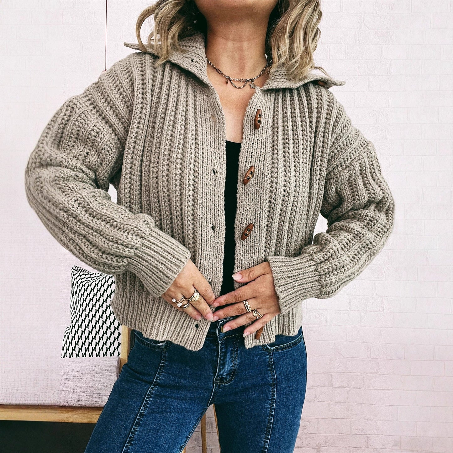 Damen Strickcardigan Mit Kapuze Knöpfe Beige