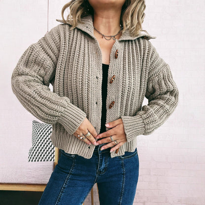 Damen Strickcardigan Mit Kapuze Knöpfe Beige