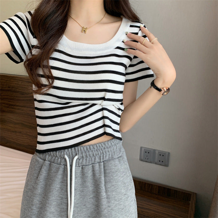 Damen Cropped Oberteil Streifen Elastisch Weiß