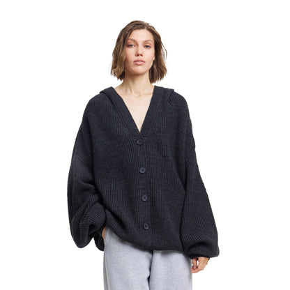 Damen Oversized Strickjacke mit Kapuze und Knöpfen
