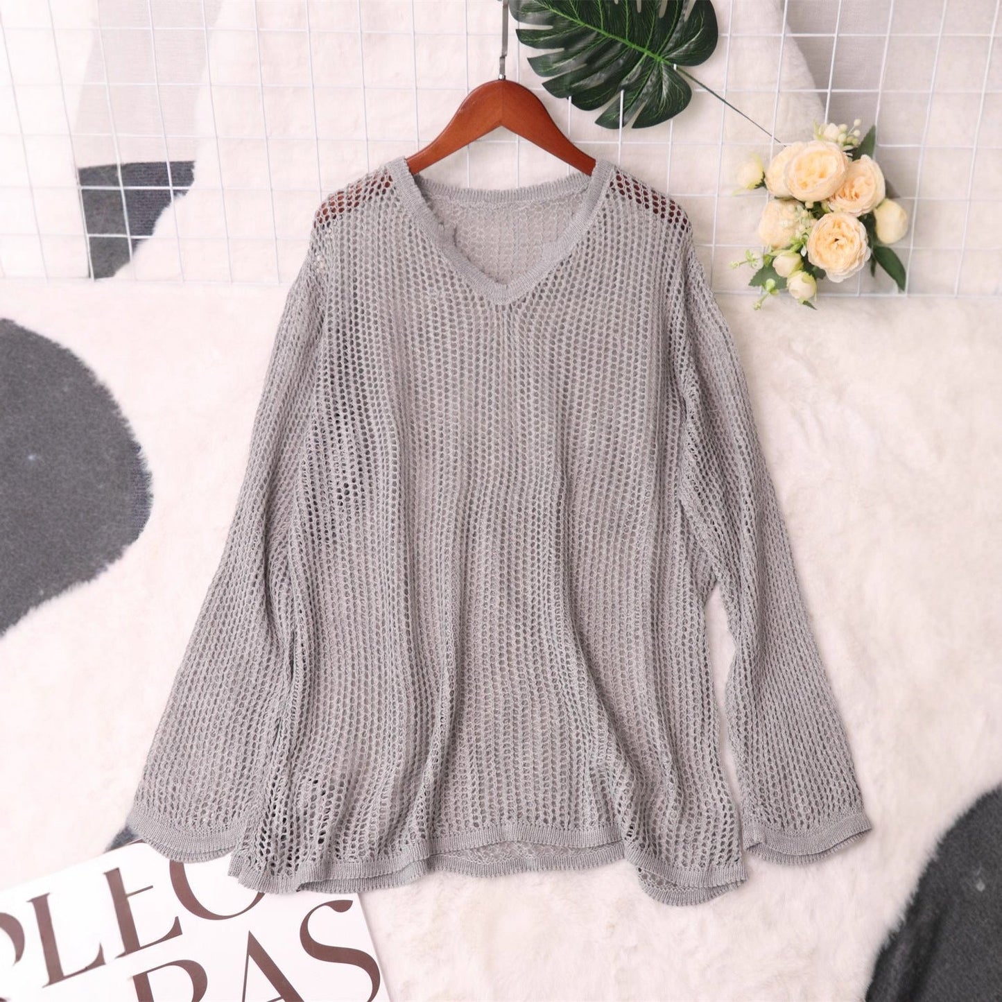 Damen Strickpullover Luftiger Mesh-Strick Modernes Design Beige