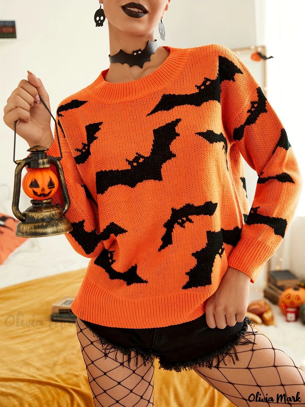 Damen Halloween Pullover Fledermaus Muster Norvielle