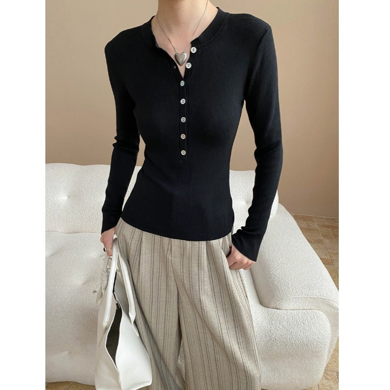 Damen Langarmshirt Feines Rippmaterial Knopfleiste Beige