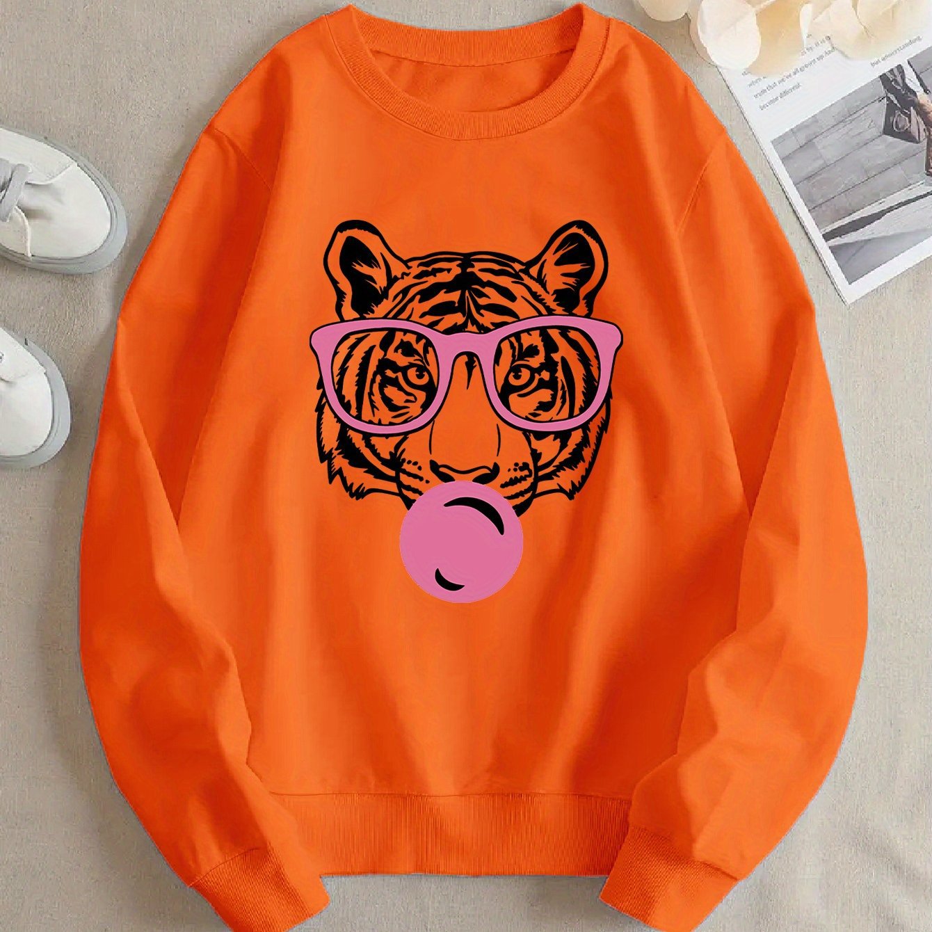 Damen Sweatshirt Tiger-Design Lässig Grau