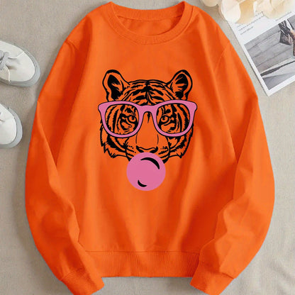 Damen Sweatshirt Tiger-Design Lässig Grau