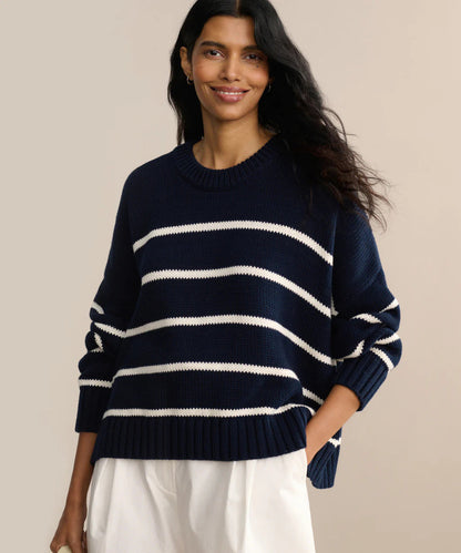Damen Strickpullover Breitstreifen Rundhals weiß
