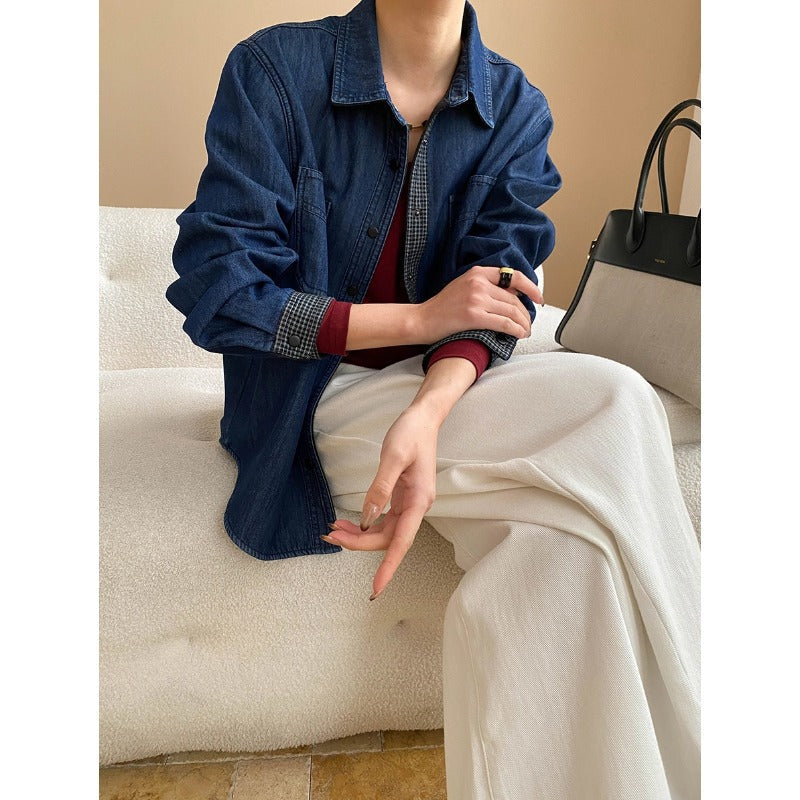 Damen Denim-Hemdjacke Kariert Blau - Norvielle