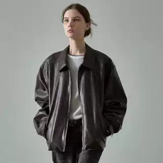 Damen Lederjacke Oversized mit Taschen Schwarz - Norvielle