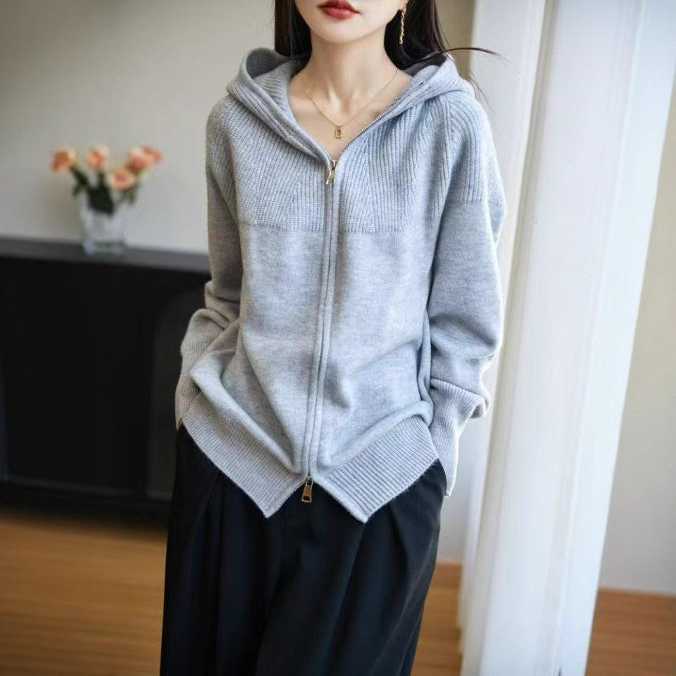 Damen Strickjacke mit Kapuze und Reißverschluss