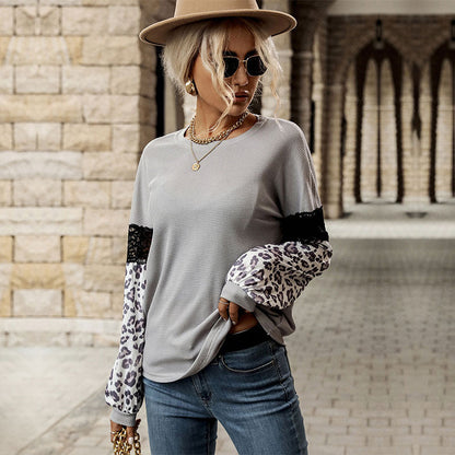 Damen Pullover mit floralem Muster und Leopardenärmeln Norvielle