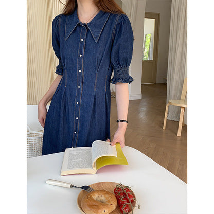 Damen Midikleid Denim Voluminöse Ärmel Knöpfe