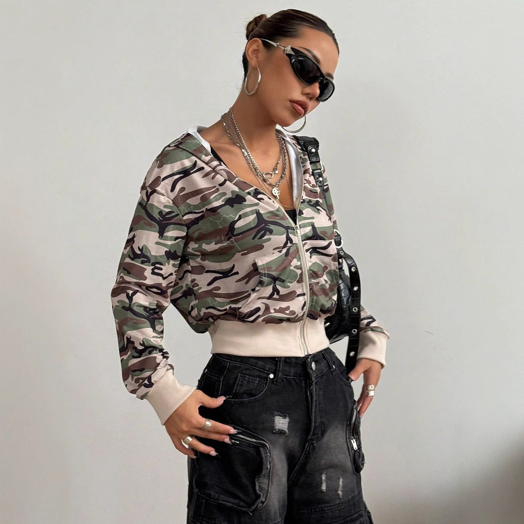 Damen Kurzjacke Camouflage Stil Kapuzenjacke Modern