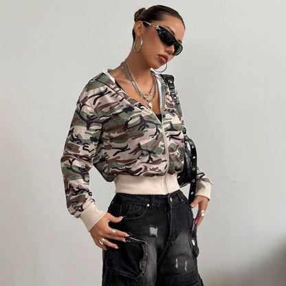 Damen Kurzjacke Camouflage Stil Kapuzenjacke Modern