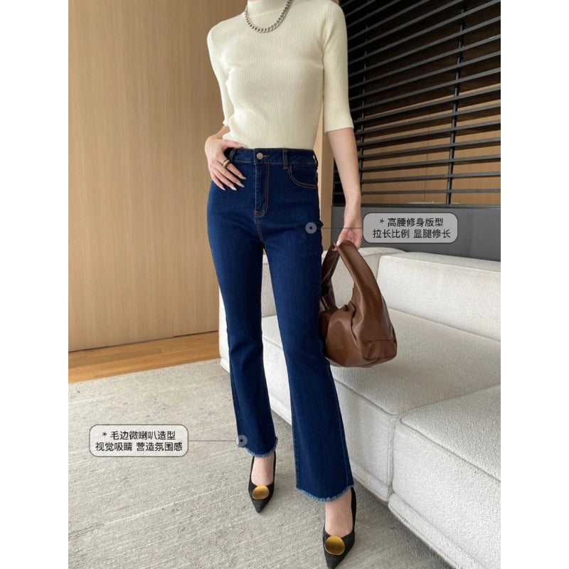 Damen High-Waist Flare Jeans mit Fransen Norvielle