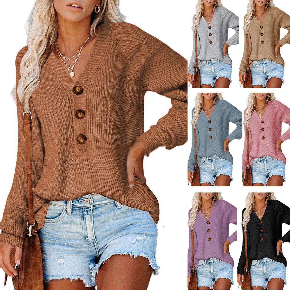 Damen Pullover V-Ausschnitt Holzknöpfe Norvielle